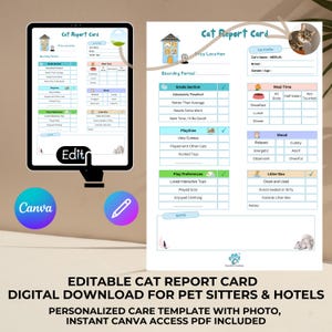 Tarjeta de calificaciones editable para gatos: descarga digital para cuidadores de mascotas y hoteles, plantilla de atención personalizada con foto, acceso instantáneo a Canva
