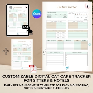 Peut inclure: Un suivi numérique imprimable pour les soins des chats pour les gardiens d'animaux et les hôtels. Le suivi comprend des sections pour le calendrier d'alimentation, les activités de jeu, le contrôle de la litière, les activités quotidiennes, le suivi de l'humeur du chat, le repos et la relaxation, les essentiels quotidiens et les notes supplémentaires.