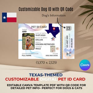 Anpassbare digitale Haustier-ID-Karte im Texas-Stil - Bearbeitbare Canva-Vorlage PDF mit QR-Code für Haustierdetails - Ideal für Hunde und Katzen