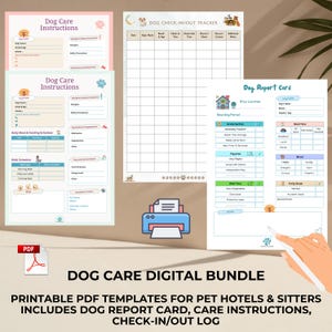 Digitale bundel hondenverzorging – afdrukbare pdf-sjablonen voor huisdierhotels en -oppassers – inclusief hondenrapport, onderhoudsinstructies, logboek voor in- en uitchecken