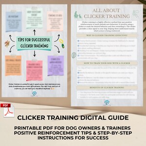 May include: A digital guide for dog owners and trainers on clicker training. The guide includes tips for successful clicker training, how to train your dog with a clicker, and the benefits of clicker training. The guide is a printable PDF.