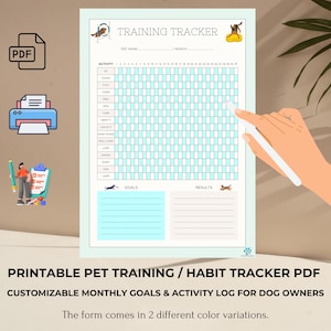 May include: Printable pet training tracker PDF with a light blue grid and a section for goals and results. The tracker includes a list of common training commands such as sit, down, stay, come, heel, leave it, roll over, jump, crawl, quiet, kiss, and jump.
