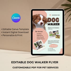 Bewerkbare flyer voor hondenuitlater | Aanpasbare pdf voor dierenservices | Canvassjabloon voor hondenuitlaatservice, dierenoppas en meer | Afdrukbaar digitaal