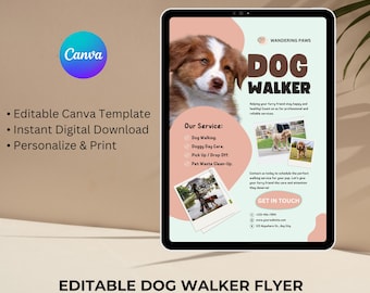 May include: Editable dog walker flyer template with a pink and green color scheme. The flyer features a photo of a dog and text that says "Dog Walker" and "Wandering Paws". The flyer also includes a list of services offered, such as dog walking, doggy day care, pick up and drop off, and pet waste clean-up. The flyer also includes a "Get in Touch" section with a phone number and website address.