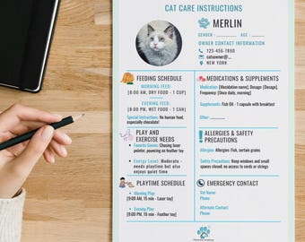 May include: A blue and white printable cat care instruction sheet with the name Merlin at the top. The sheet includes sections for feeding schedule, medications and supplements, allergies and safety precautions, and emergency contact information. The sheet also includes a picture of a cat.