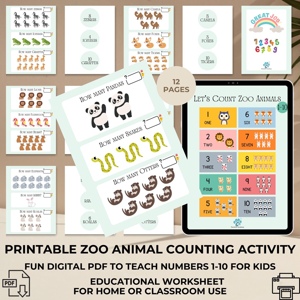 Zoo Animal Counting Activity: Numbers 1-10 (digital PDF) - Etsy