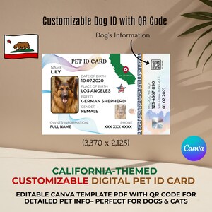 Tarjeta de identificación digital personalizable para mascotas con temática de California: plantilla de Canva editable en PDF con código QR para obtener información detallada sobre la mascota; perfecta para perros y gatos