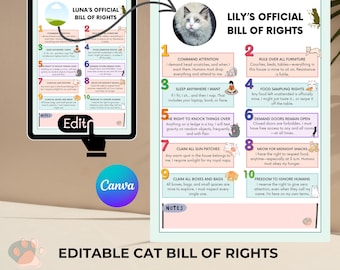 May include: A printable digital download of a cat bill of rights. The document is divided into 10 sections with a cat illustration next to each section. The document is titled "Luna's Official Bill of Rights" and "Lily's Official Bill of Rights".