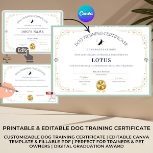 Personalisierbares Hundetraining-Zertifikat | Bearbeitbare Canva Vorlage & ausfüllbares PDF | Perfekt für Trainer, Tierbesitzer | Digitaler Abschlusspreis