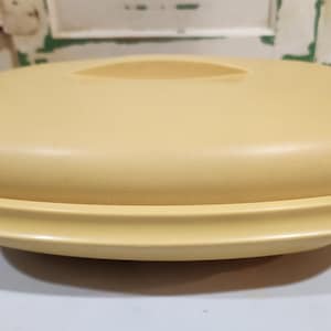 May include: A vintage, light yellow, oval-shaped food storage container with a matching lid. The lid has a recessed handle. The container has a rounded base with a raised rim. The container is made of plastic and is likely from the mid-20th century.