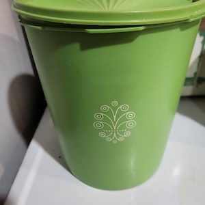 May include: A green plastic container with a matching lid. The container has a cylindrical shape with a slightly flared top. A white floral design is printed on the front. The lid has a ridged design.