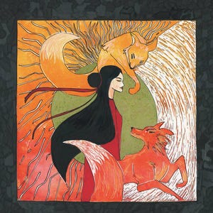 Kitsune - Lino Print & Marker Illustration