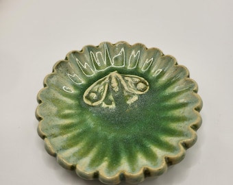 Tiny Ceramic Ring Dish. Green Flower with moth. 2in. Green with white accents.