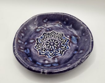 Ceramic mini mandala trinket dish. Spotted purple color. 4in. Ring dish, spoonrest, tealight holder,  crystals, soap dish, and more.