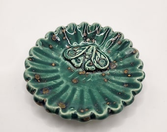 Tiny Ceramic Ring Dish. Teal flower with moth. 2in. Teal with brown accents.
