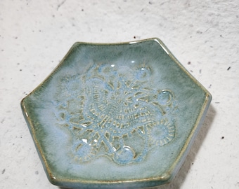Hexagon Ceramic Small Dish. Butterfly Texture Design. Pale Green.  3in.