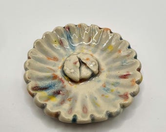 Tiny Ceramic Ring Dish. Flower with ladybug. 2in. Cream with multicolor speckles.