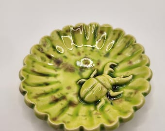 Tiny Ceramic Ring Dish. Green Flower with Beetle. 2in. Green with brown speckles.