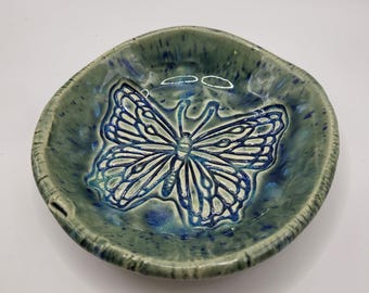 Ceramic Butterfly trinket dish. Green with blue speckles. 4in. Ring dish, spoonrest, tealight holder,  crystals, soap dish, and more.
