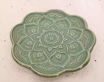 Mandala Flower Trinket Ring Dish Crystal Incense Holder. Ceramic. Sea Green. 4in.