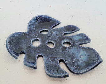 Soap Dish. Monstera leaf ginkgo pattern blue ceramic soap dish.