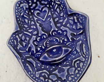 Hamsa Hand Trinket Ring Dish Incense Crystal Holder. Ceramic bright blue.