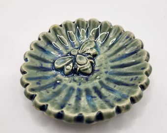 Tiny Ceramic Ring Dish. Green flower with bumble bee. 2in. Sea Green with blue accents.