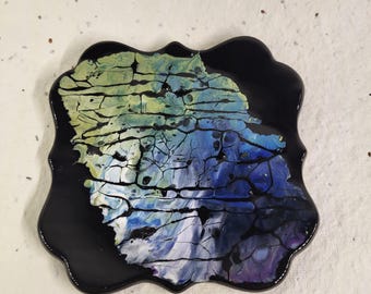 Quatrefoil Shaped Multi-Use Ceramic Trinket Dish.  4in. Purple, blue, green, and white swirls.