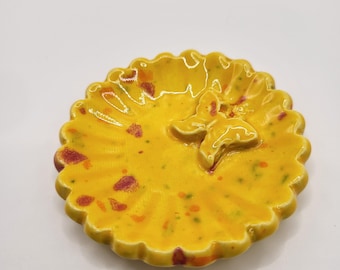 Tiny Ceramic Ring Dish. Yellow Flower with Butterfly. 2in. Yellow with multi-color speckles.