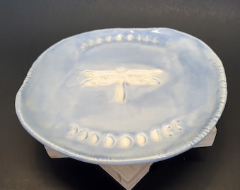 Trinket Dish Dragonfly Moon Phases. Light Blue 5in round.