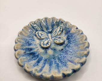 Tiny Ceramic Ring Dish. Flower with butterfly. 2in. Sky blue.
