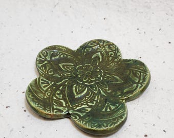 Flower Ceramic Trinket Dish. Ring Crystal Incense Soap dish. Mandala Texture. Forest Green. 3in.