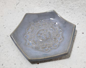Hexagon Ceramic Small Dish. Sun and Moon Texture Design. Pale Blue.  3in.