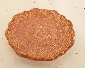 Mandala Trinket Ring Dish Crystal Incense Holder. Ceramic. Salmon. 4in.