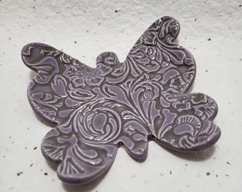 Butterfly Trinket Ring Dish Crystal Incense Holder. Handmade Ceramic Pottery. 4in. Lilac Swirl.