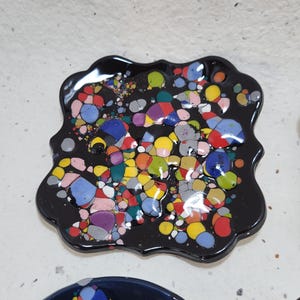 Quatrefoil Trinket Ring Dish Crystal Incense Holder. Handmade Ceramic Pottery. 3.5in. Black with multi-color dots.