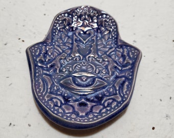 Hamsa Hand Trinket Ring Dish Incense Crystal Holder. Ceramic Smoked Lilac.  Lavender color. Approx. 3in.