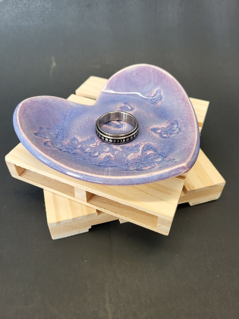 Ceramic Trinket Ring Dish Heart Shaped. 3x4in Purple Butterflies. image 2