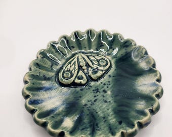 Tiny Ceramic Ring Dish. Green flower with moth. 2in. Sea Green with blue accents.