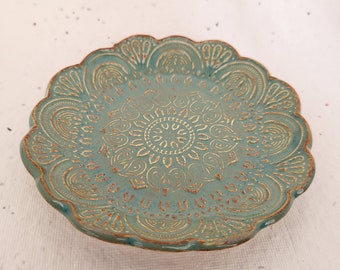 Mandala Trinket Ring Dish Crystal Incense Holder. Ceramic. Sea Green. 4in.