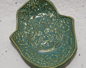 Hamsa Hand Trinket Ring Dish Incense Crystal Holder. Ceramic Sea Green.