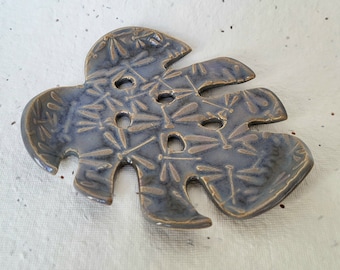 Soap Dish. Monstera purple dragonfly leaf ceramic soap dish.