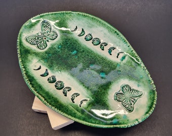 Incense Holder Moon Phases Butterfly. Green Ceramic Oval