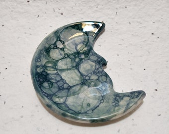 Moon Trinket Ring Dish Incense Crystal Holder. Blue and green bubble glaze.