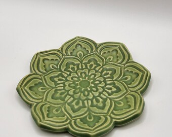 Lotus Flower Trinket Ring Dish Crystal Incense Holder. Grass Green.  3in.