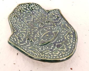 Hamsa Hand Trinket Ring Dish Incense Crystal Holder. Ceramic Dark Green.