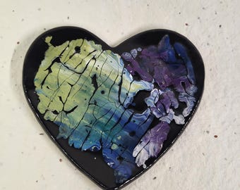 Heart Shaped Multi-Use Ceramic Trinket Dish.  3x4in. Purple, blue, green, and white swirls.