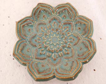 Lotus Flower Trinket Ring Dish Crystal Incense Holder. Sea Green.