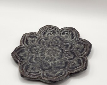 Lotus Flower Trinket Ring Dish Crystal Incense Holder. Blue gray. 3in.