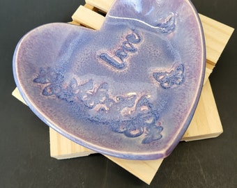 Ceramic Trinket Ring Dish Heart Shaped. 3x4in Purple Butterflies.